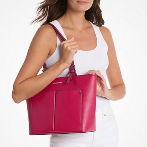 New Michael Kors Jet Set Travel Medium Double Pocket Tote Dark Raspberry - Picture 4 of 5